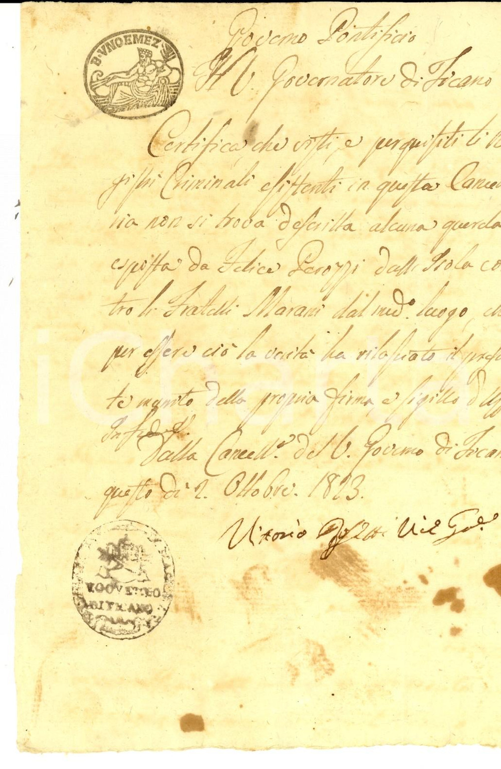 Manoscritto, lettera originale 1823 STATO PONTIFICIO FICANO MC Assenza querele contro fratelli MARANI 1