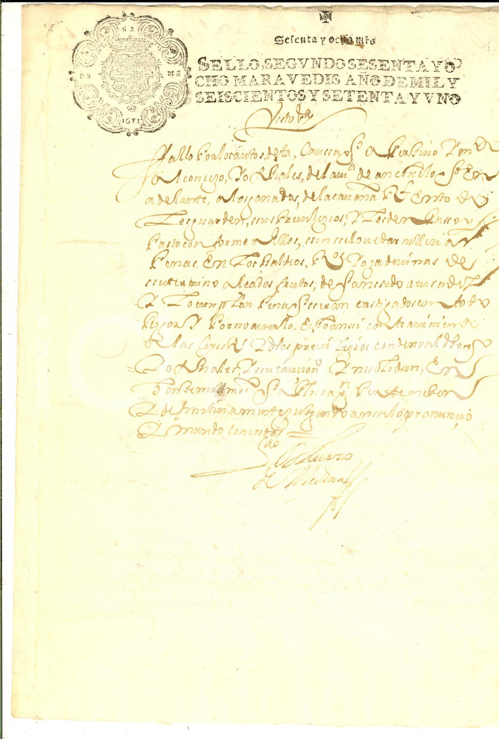 Documento originale, autentico 1671 CASTILLA ESPANA Documento di licenza Scrivano Lorenzo DE MEDINA 1