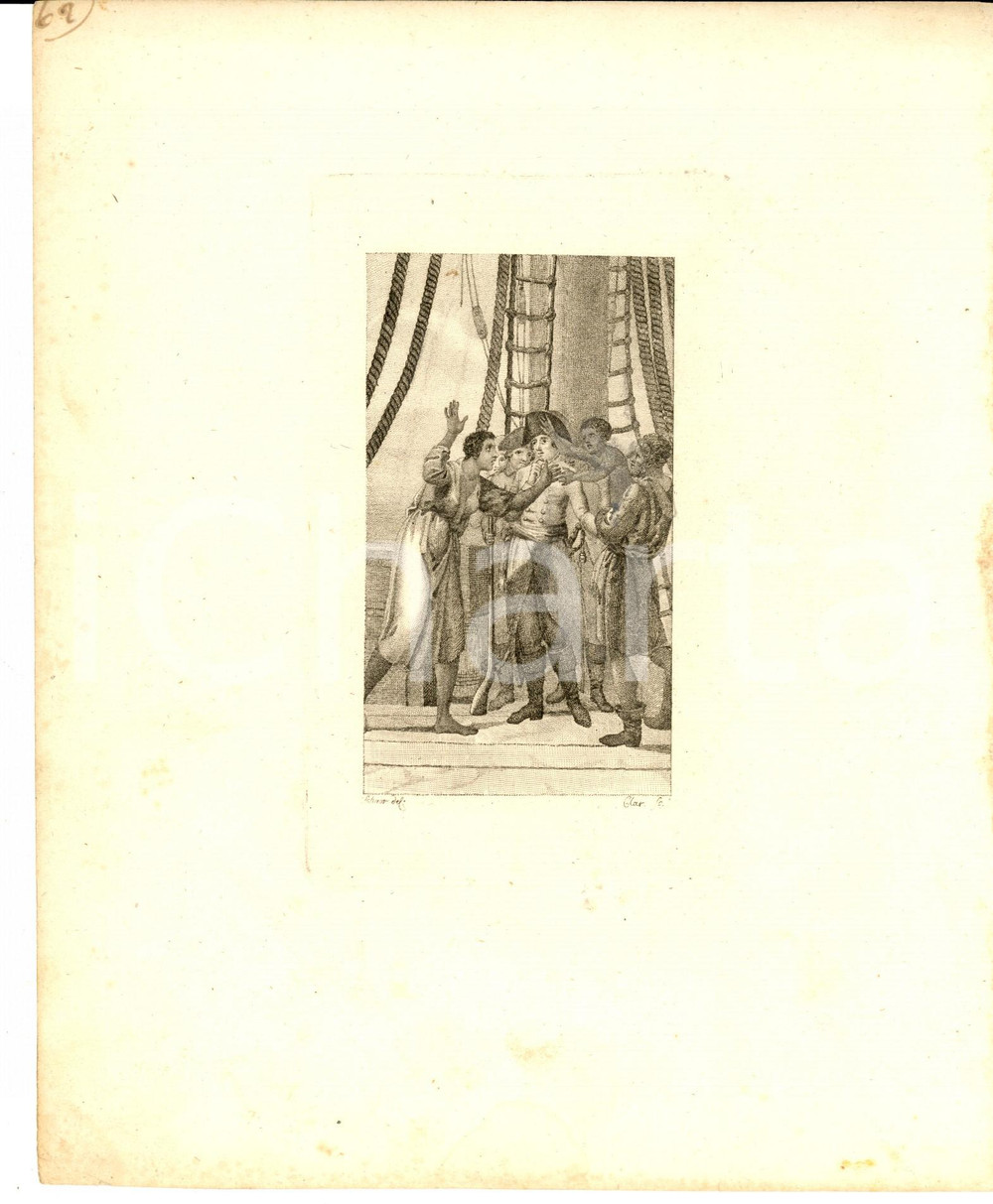 Stampa, bozzetto originale 1850 ca GERMANY Capitano di una nave tra gli indigenti Stampa inc. CLAR 20x24 1