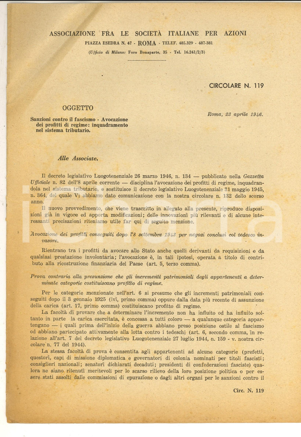 Documento originale, autentico 1946 Associazione SOCIETA  ITALIANE PER AZIONI Sanzioni contro il fascismo 1