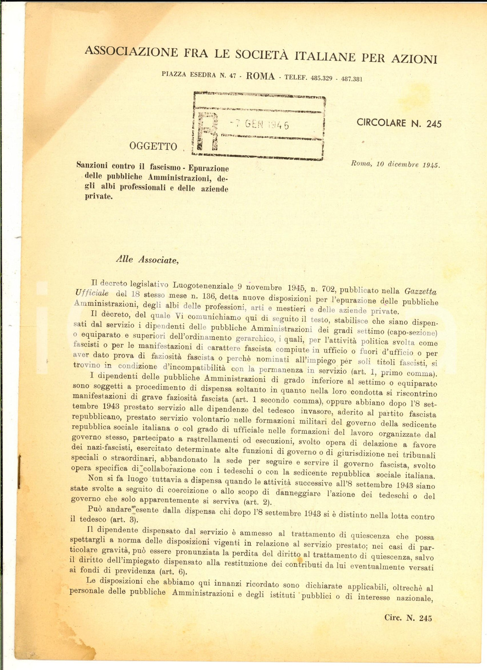 Documento originale, autentico 1946 Associazione SOCIETA  ITALIANE PER AZIONI Epurazione dopo il fascismo 1