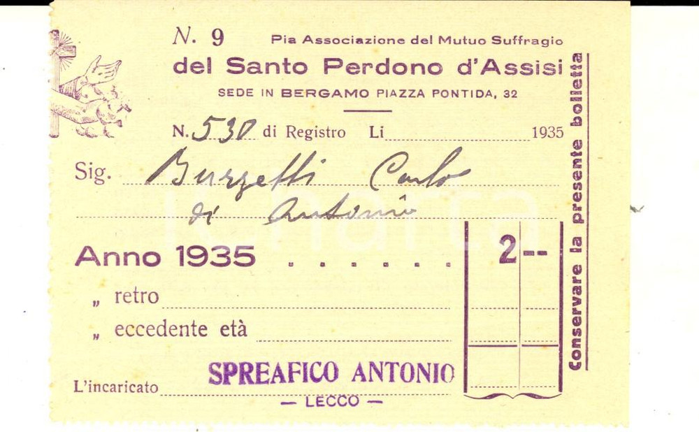 Documento originale, autentico 1935 BERGAMO Ricevuta Pia Associazione Suffragio SANTO PERDONO DI ASSISI 1