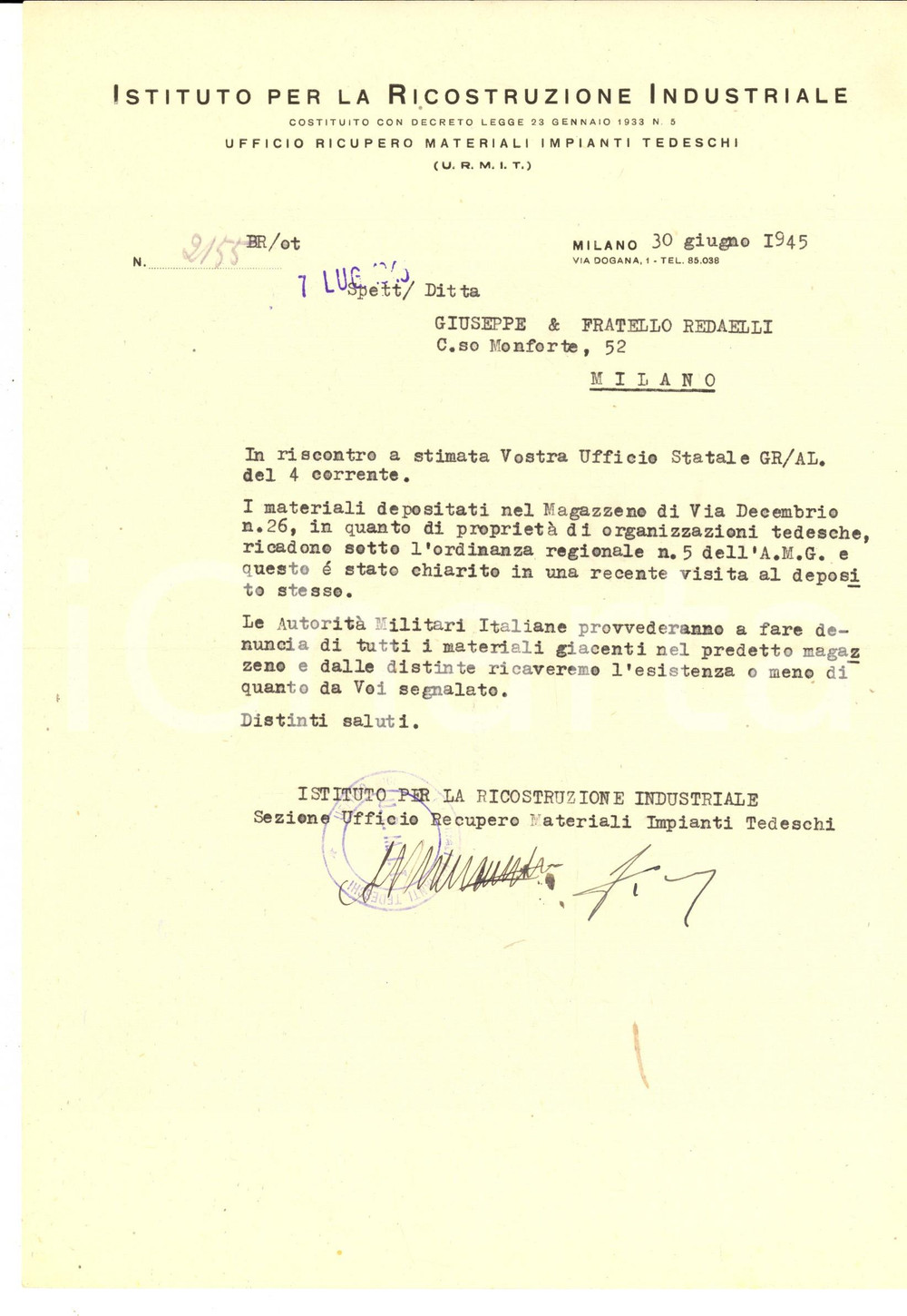 Documento originale, autentico 1945 MILANO Istituto Ricostruzione Industriale  Materiali di enti tedeschi 1