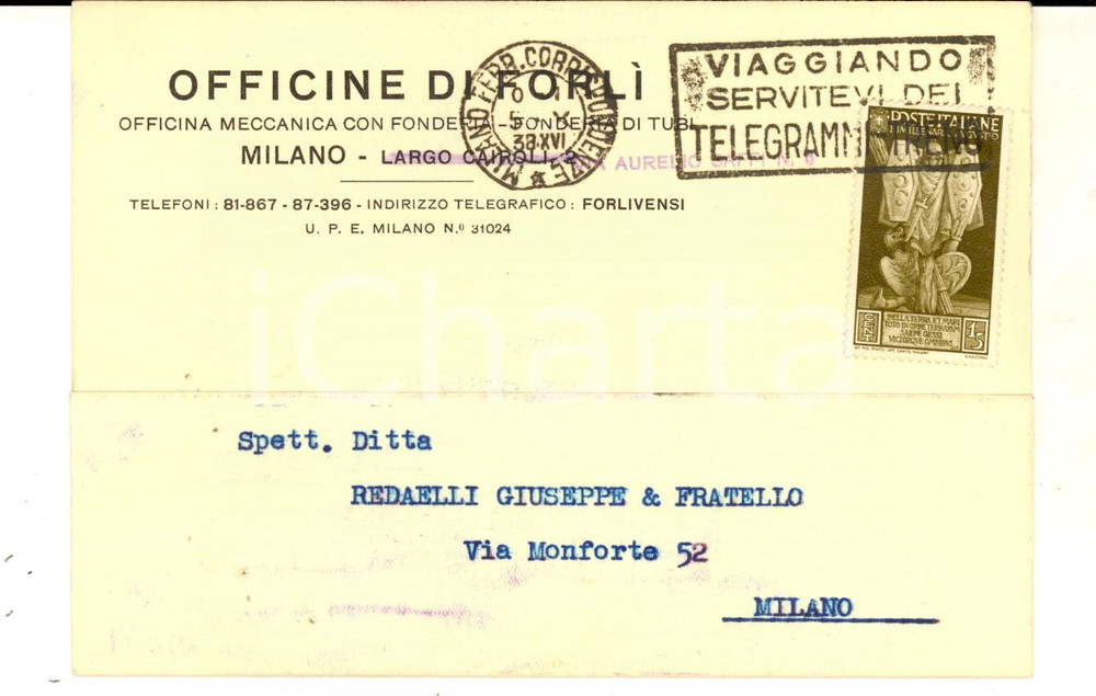 Documento originale, autentico 1938 MILANO OFFICINE DI FORLI  Cartolina francobollo BIMILLENARIO AUGUSTEO 15 c. 1