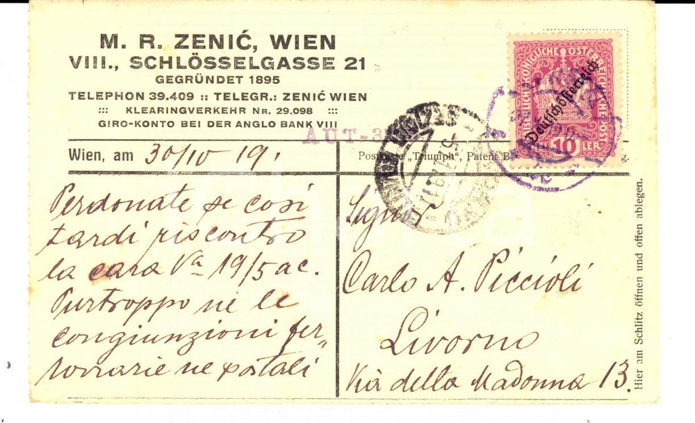 Cartolina originale da collezione 1919 WIEN M. R. ZENIC Cartolina postale VINTAGE per LIVORNO 1