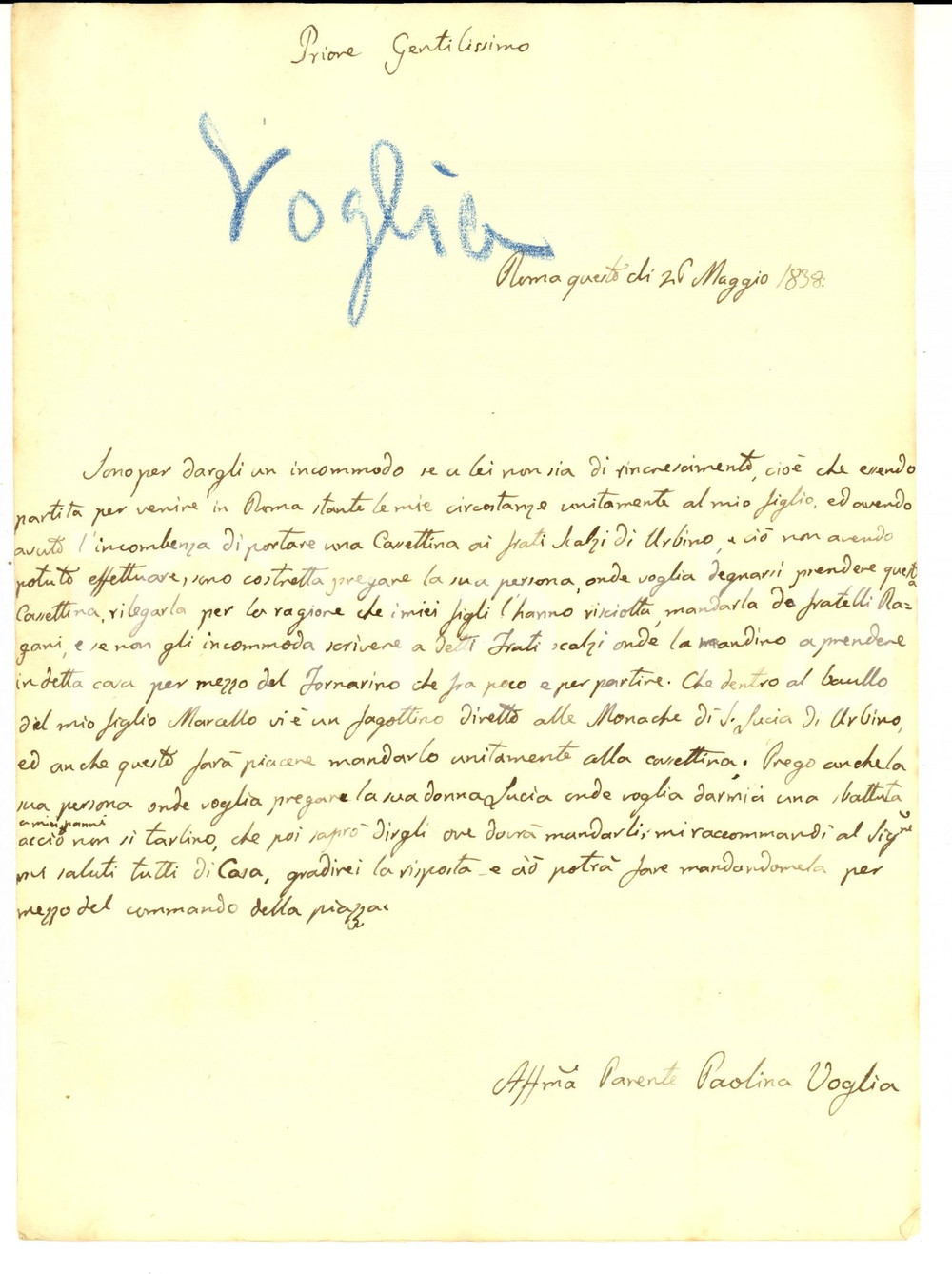 Manoscritto, lettera originale 1838 ROMA Paolina CAMBI VOGLIA invia cassettina ai Frati Scalzi di Urbino 1