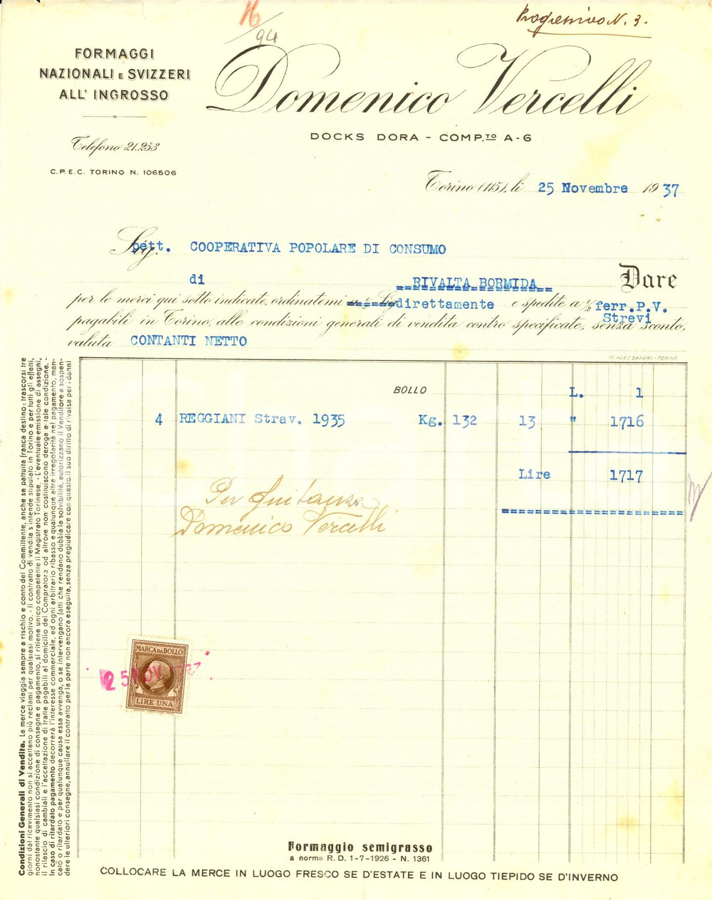 Documento originale, autentico 1937 TORINO Docks DORA  Domenico VERCELLI  Formaggi nazionali e svizzeri 1