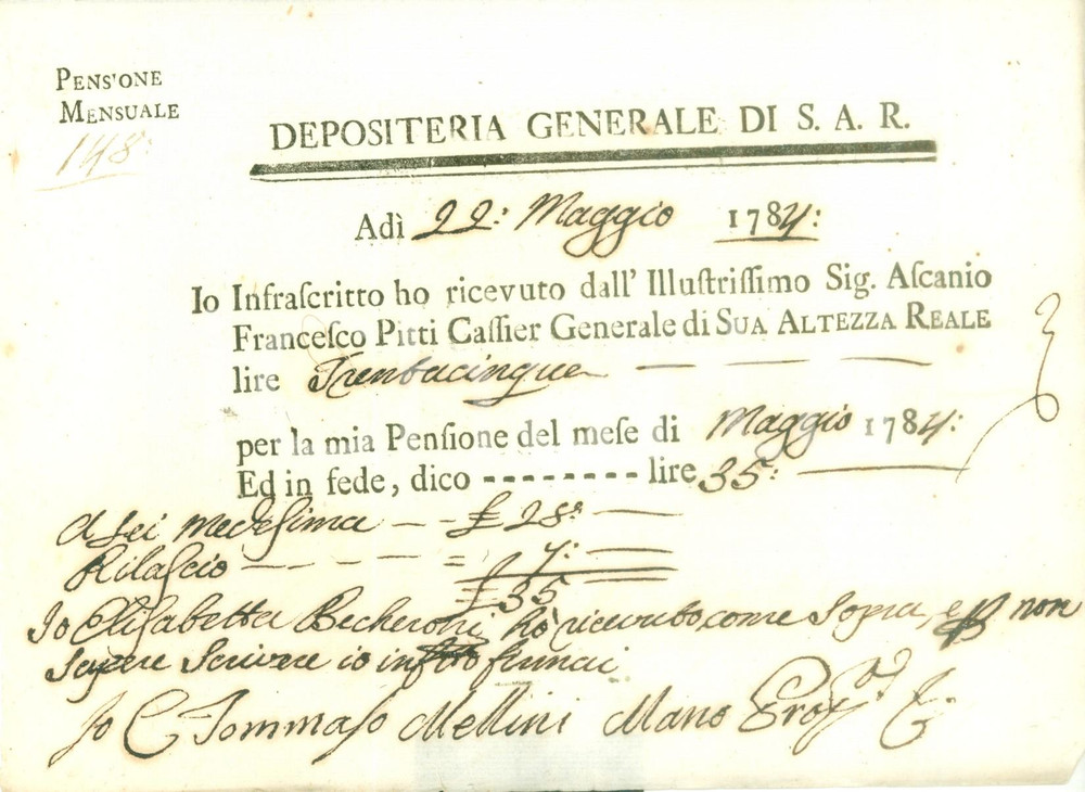 Documento originale, autentico 1784 DEPOSITERIA GRANDUCATO TOSCANA Elisabetta BECHERONI pensione di maggio 1