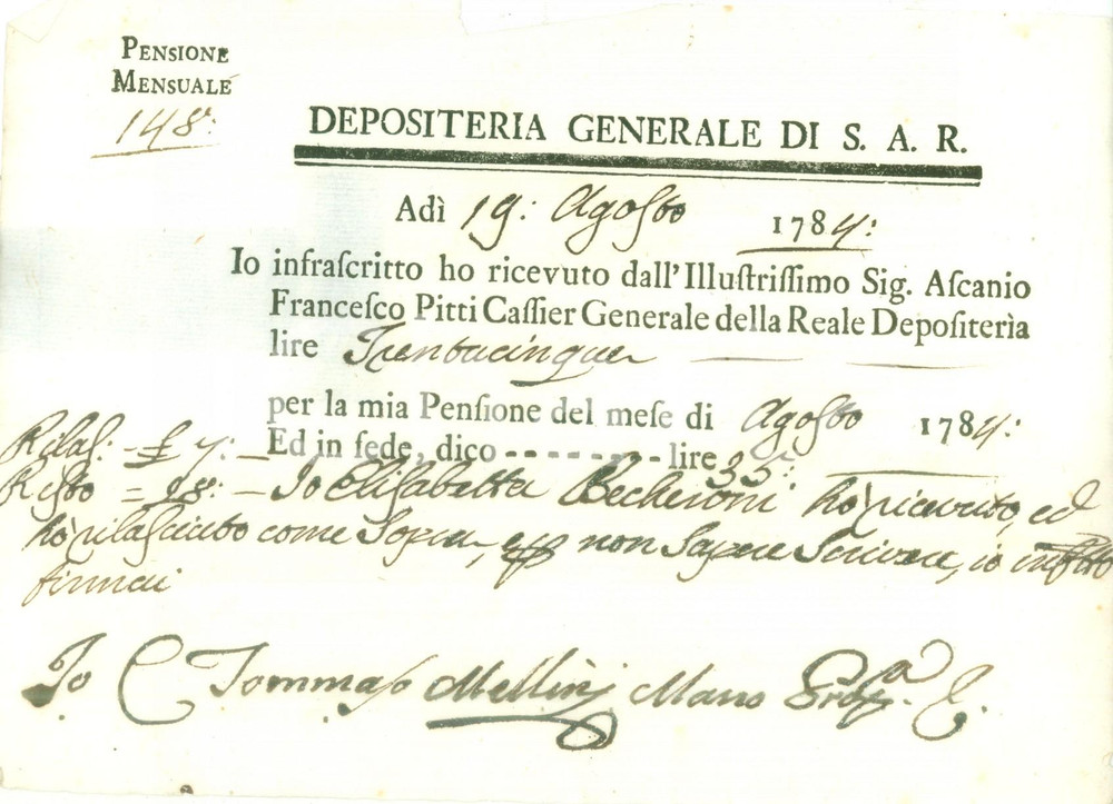 Documento originale, autentico 1784 DEPOSITERIA GRANDUCATO TOSCANA Elisabetta BECHERONI pensione di agosto 1