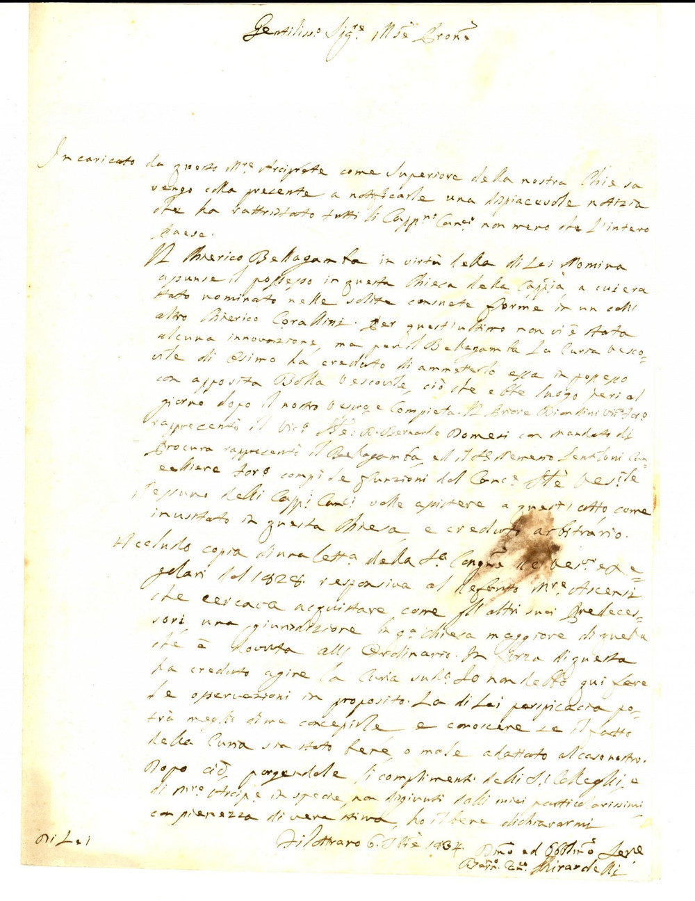 Autografo originale 1834 FILOTTRANO AN Canonico Bernardo GHIRARDELLI sul chierico BELLAGAMBA 1