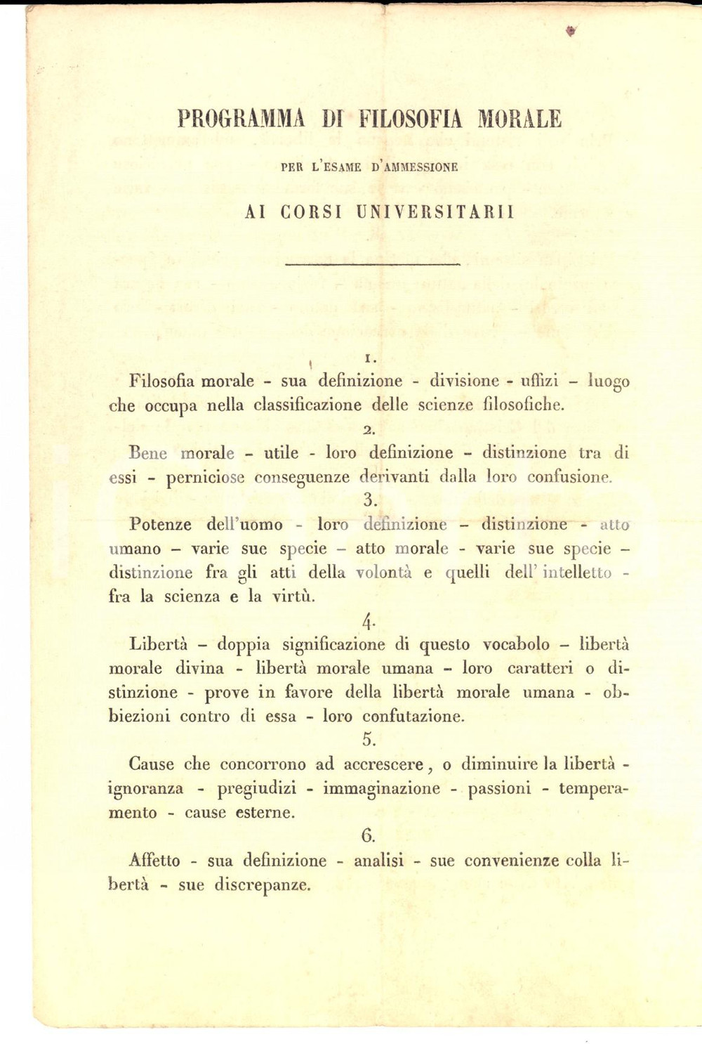 Documento originale, autentico 1863 UNIVERSITA  DI TORINO Programma di filosofia morale per l ammissione 1