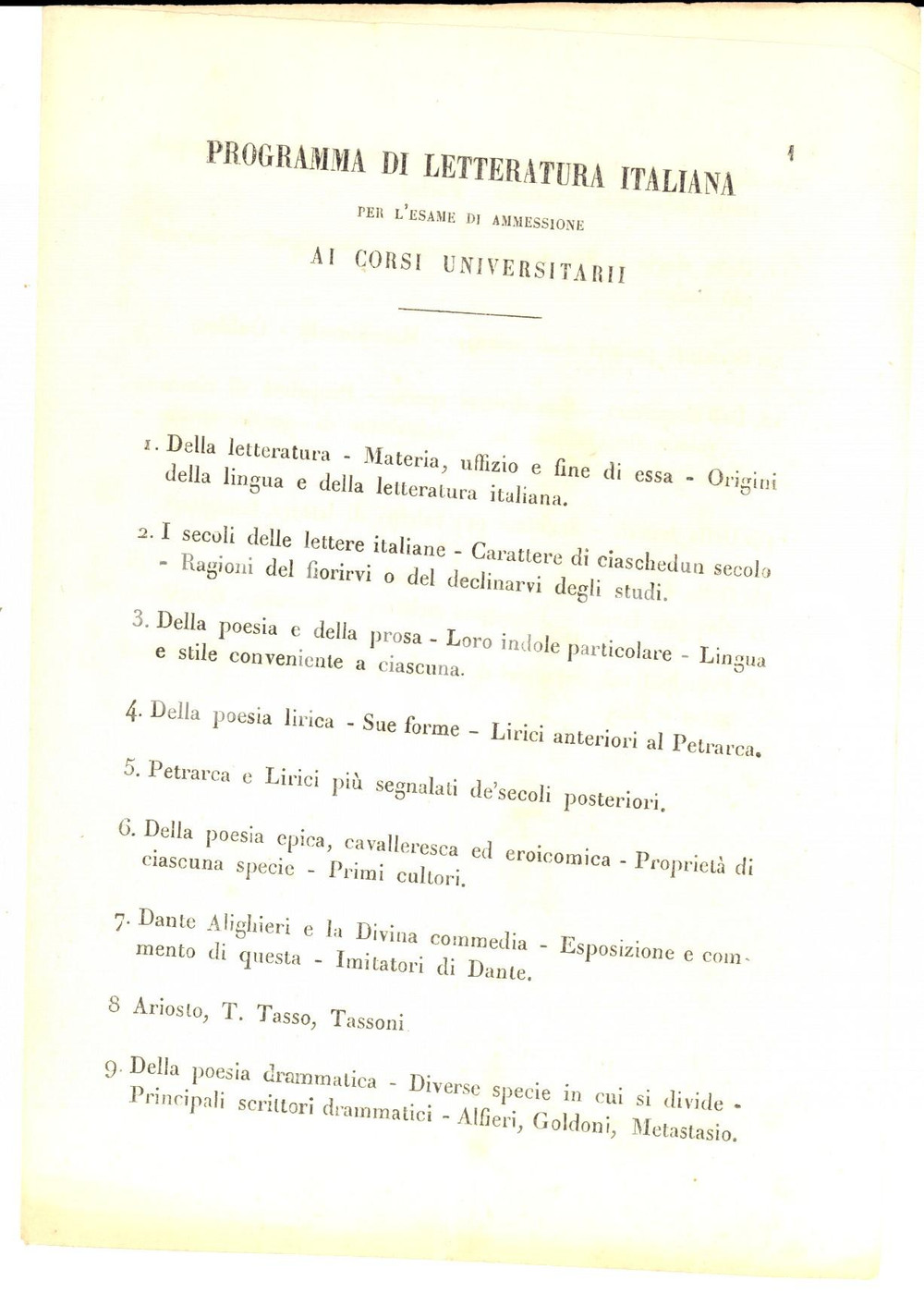 Documento originale, autentico 1863 UNIVERSITA  DI TORINO Programma di letteratura italiana per l ammissione 1
