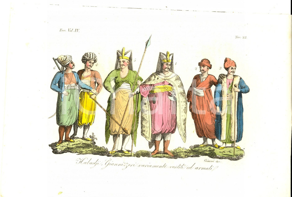 Stampa, bozzetto originale 1826 COSTUME EUROPEO Habadji, Giannizzeri variamente vestiti ed armati GIARRÃˆ 1