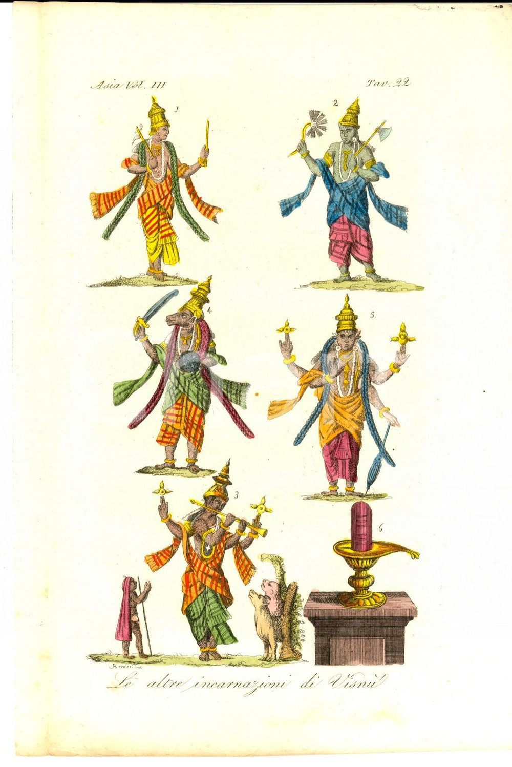 Stampa, bozzetto originale 1820 ca COSTUME FERRARIO INDIA Le altre incarnazioni di VisnÃ¹ Inc. BERNIERI 1