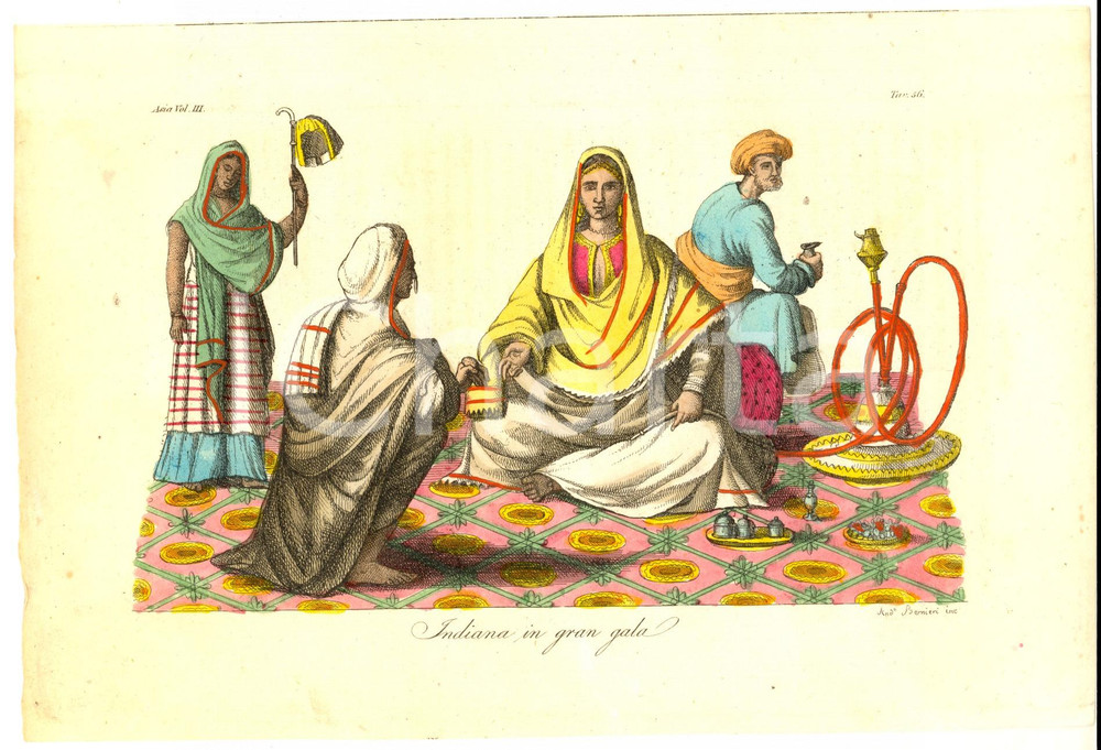 Stampa, bozzetto originale 1823 FERRARIO COSTUME Indiana in gran gala Inc. Andrea BERNIERI Colorata a mano 1
