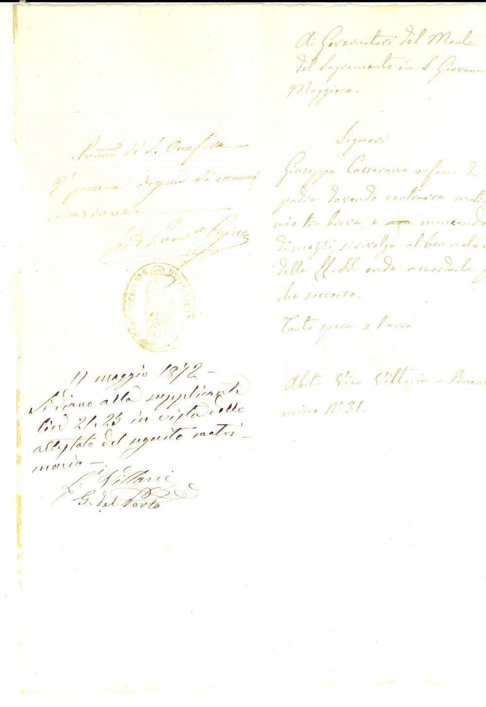 Documento originale, autentico 1872 NAPOLI Supplica di Giuseppa CASSARANO per ottenere una dote Manoscritto 1
