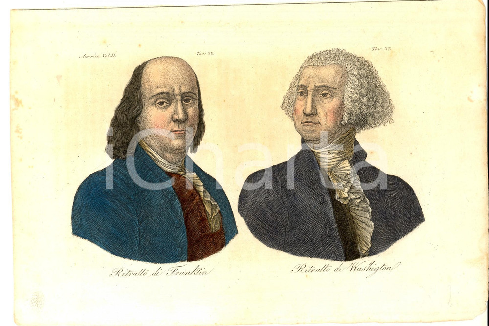 Stampa, bozzetto originale 1834 FERRARIO COSTUME AMERICA Ritratto di Washington  Ritratto di Franklin 1