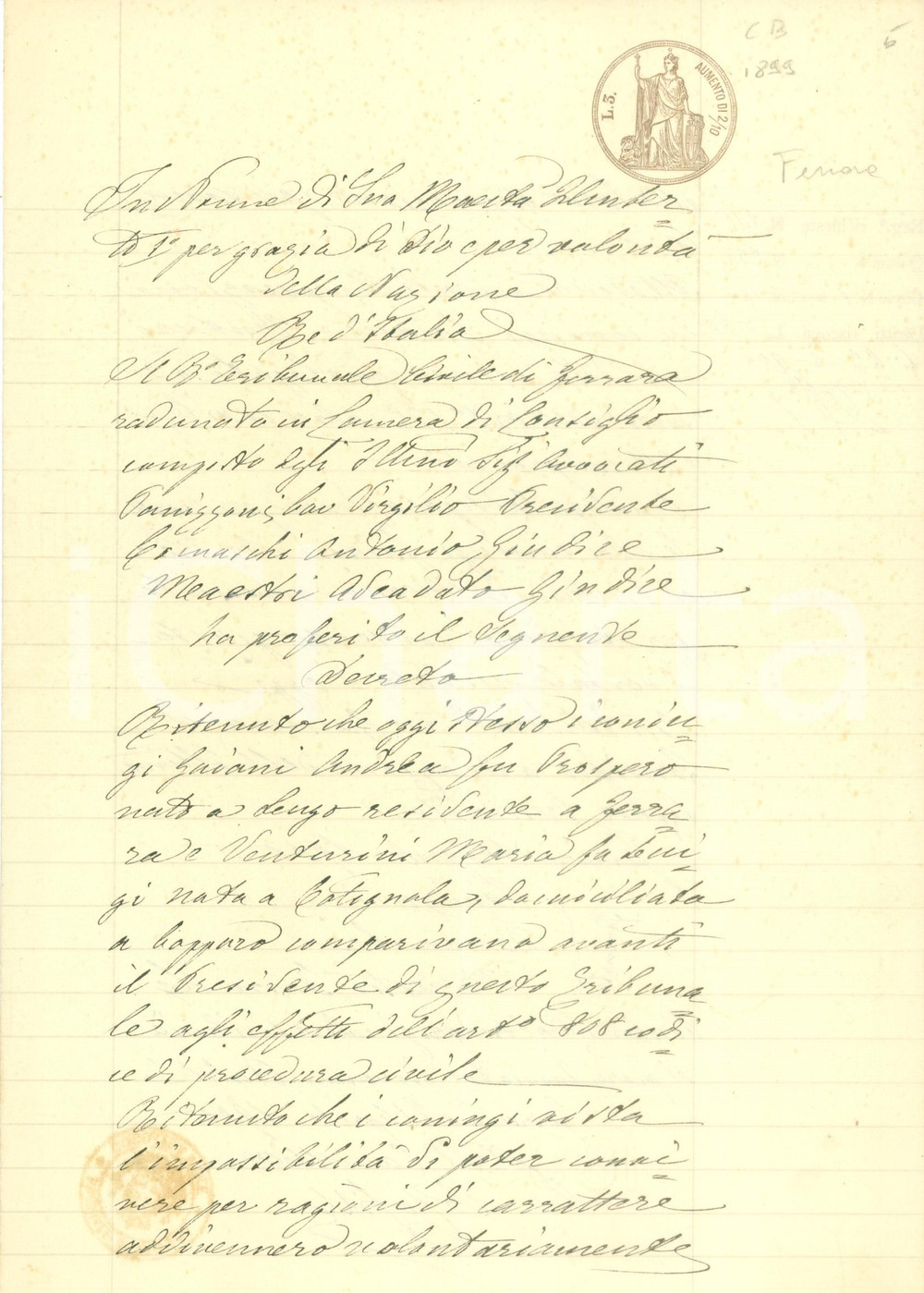 Documento originale, autentico 1900 FERRARA Andrea GAIANI e Maria VENTURINI divorziano per carattere Documento 1