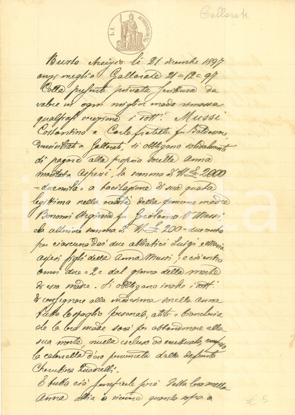 Documento originale, autentico 1897 GALLARATE VA Carlo e Costantino MUSSI tacitano Anna ASPESI su ereditÃ  1