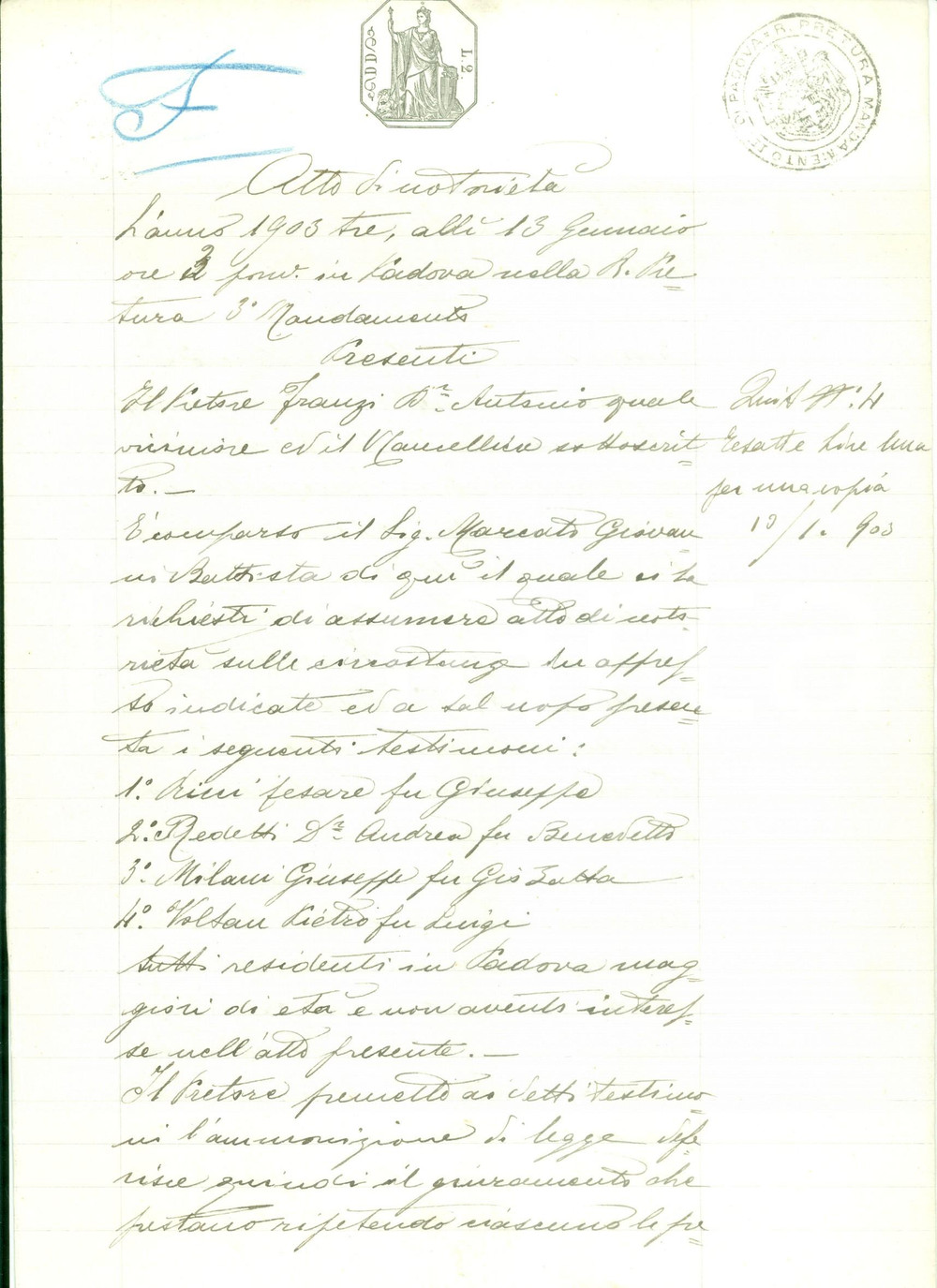 Documento originale, autentico 1903 PADOVA Destinazione dell ereditÃ  di Sante STIEVANO Documento 1