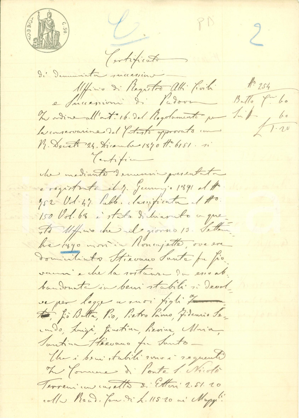 Documento originale, autentico 1891 RONCAJETTE PD EreditÃ  di Sante STIEVANO si devolve ai figli Documento 1