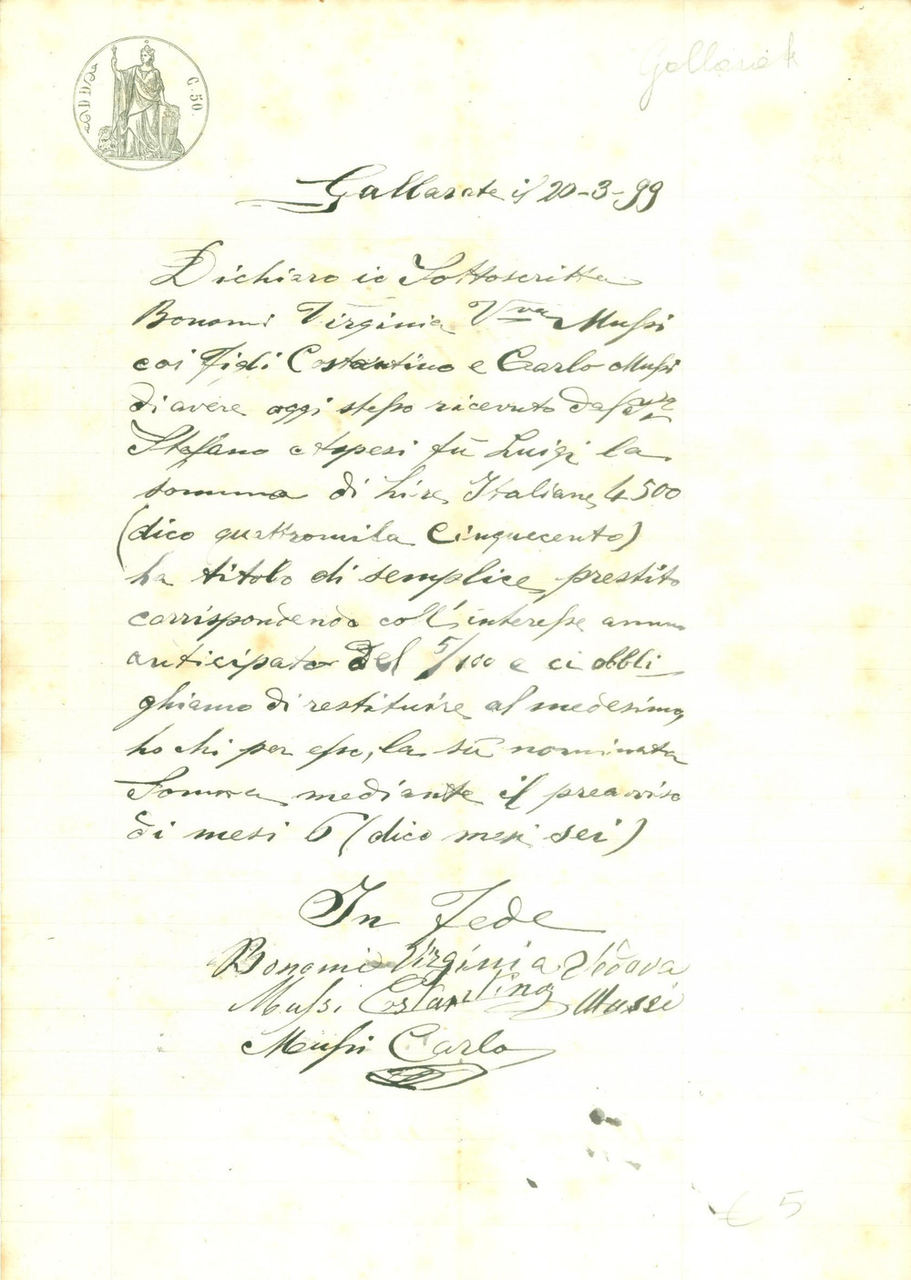 Documento originale, autentico 1899 GALLARATE VA Virginia BONOMI riceve un prestito da Stefano ASPESI 1