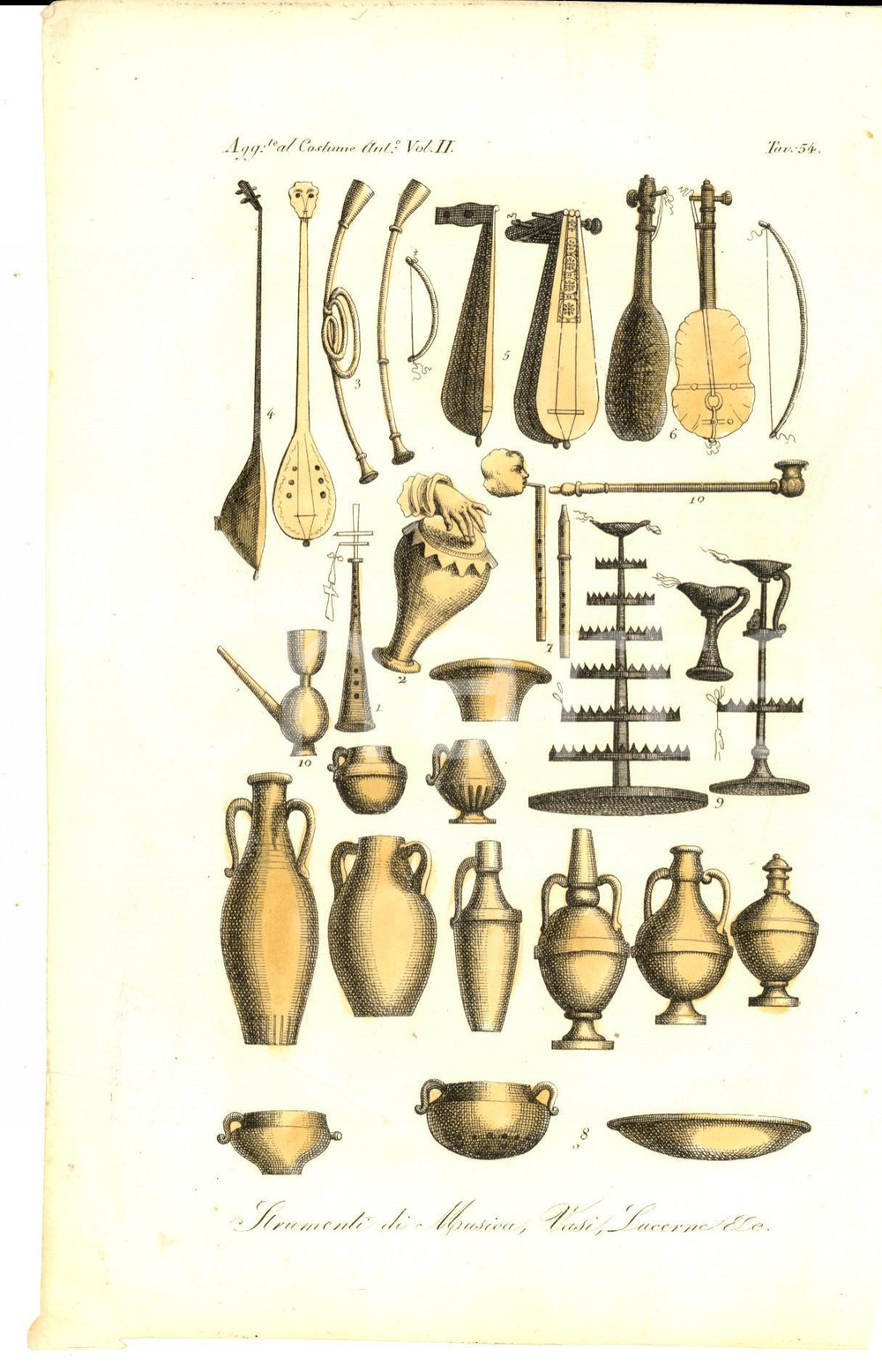 Stampa, bozzetto originale 1834 FERRARIO COSTUME ANTICO Strumenti di musica, vasi, lucerne Stampa 1