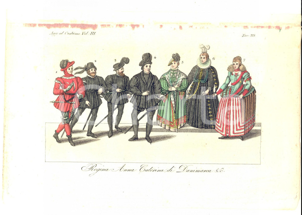 Stampa, bozzetto originale 1837 FERRARIO COSTUME ANTICO Regina Anna Caterina di Danimarca Stampa 1