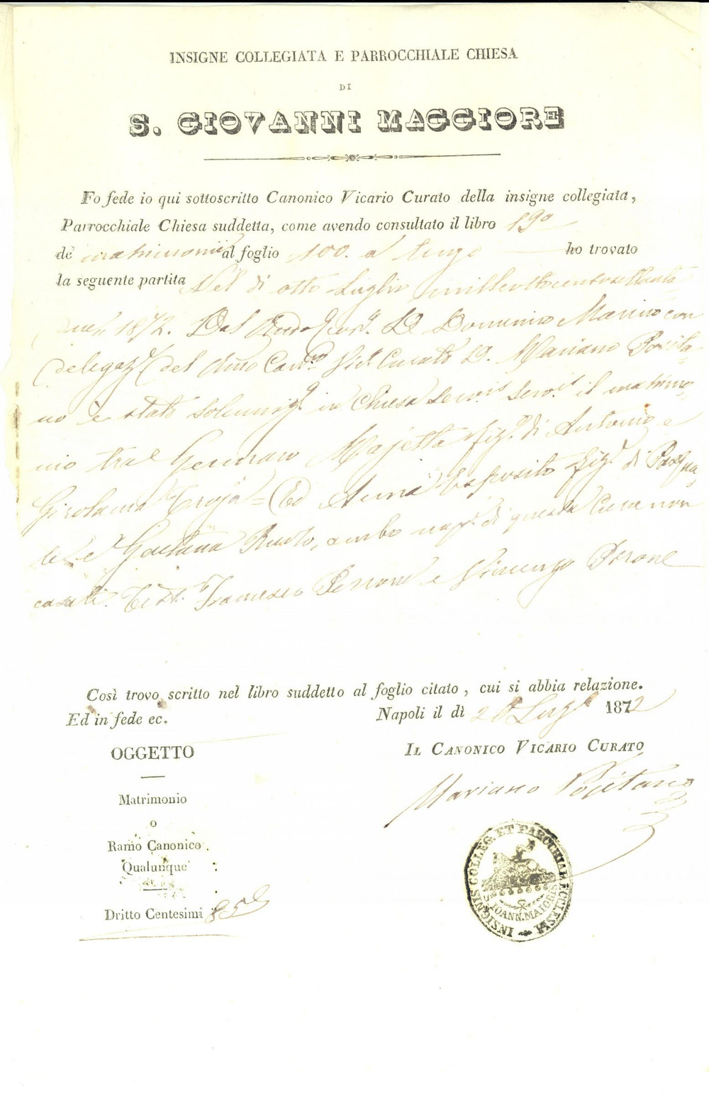 Documento originale, autentico 1872 NAPOLI Chiesa SAN GIOVANNI MAGGIORE Nozze Gennaro MAJETTA e Girolama TROJA 1