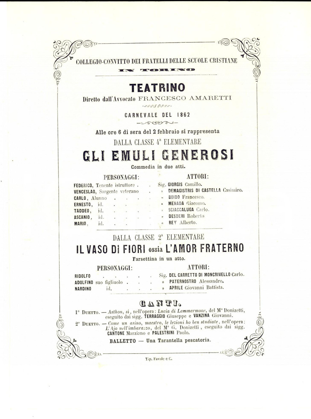 Materiale pubblicitario d’epoca 1862 TORINO Fratelli Scuole Cristiane Locandina CARNEVALE Gli emuli generosi 1