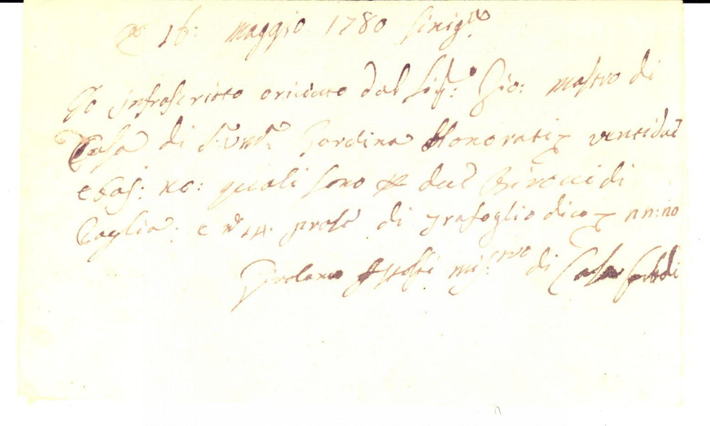 Manoscritto, lettera originale 1780 SAN GIMIGNANO Ricevuta Girolamo ASTOLFI per paglia alla marchesa HONORATI 1