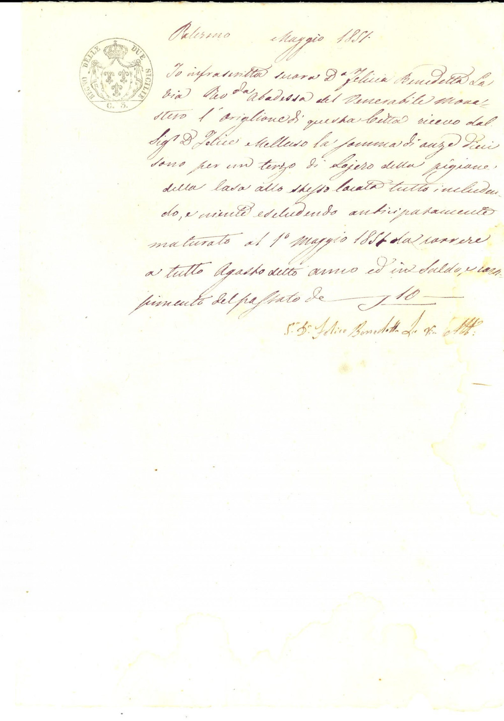 Documento originale, autentico 1851 PALERMO Monastero SAN GIOVANNI DELL ORIGLIONE riceve afitto Felice MELLUSO 1