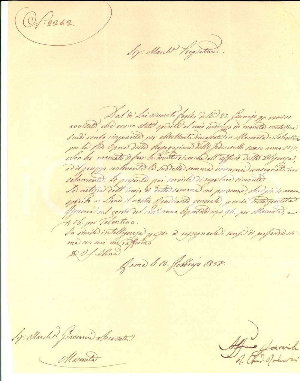 Autografo originale 1858 ROMA Card. Roberto Giovanni ROBERTI pro Opera Propagazione Fede AUTOGRAFO 1