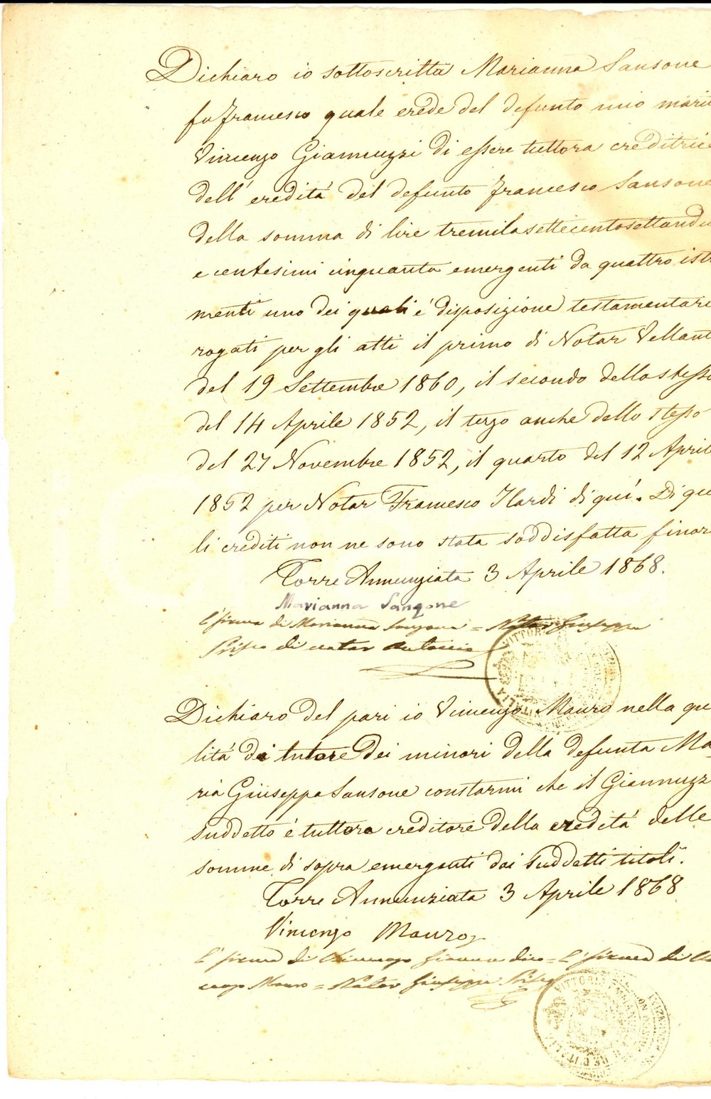 Documento originale, autentico 1868 TORRE ANNUNZIATA NA Marianna SANSONE creditrice di un ereditÃ  Documento 1