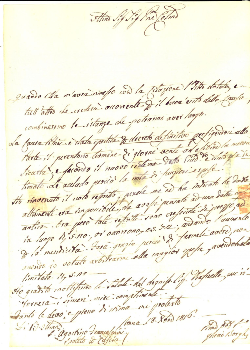 Manoscritto, lettera originale 1816 ROMA Procuratore Ilario BORGHI sulla causa PELVINI  Lettera 1