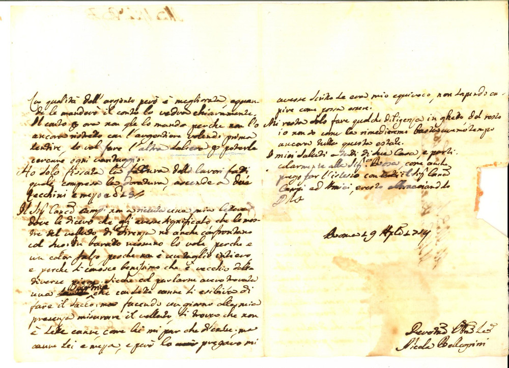Manoscritto, lettera originale 1754 ROMA Nicola PELLEGRINI spedisce sottocoppa e saliera in argento Lettera 1