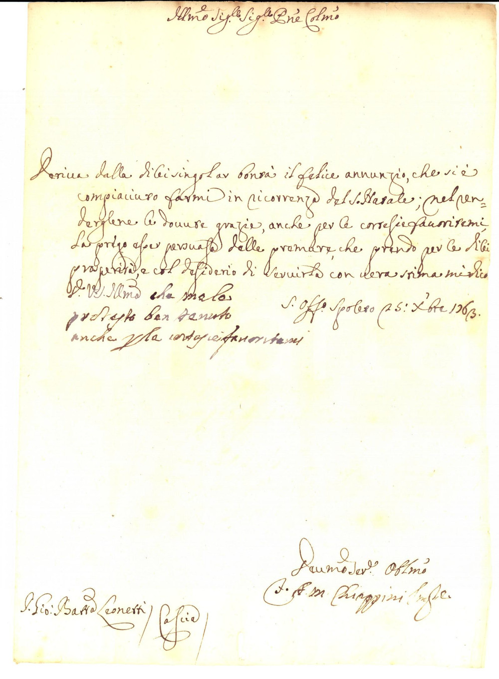 Manoscritto, lettera originale 1763 SPOLETO PG Inquisitore Ambrogio Maria CHIAPPINI ringrazia per gli auguri 1