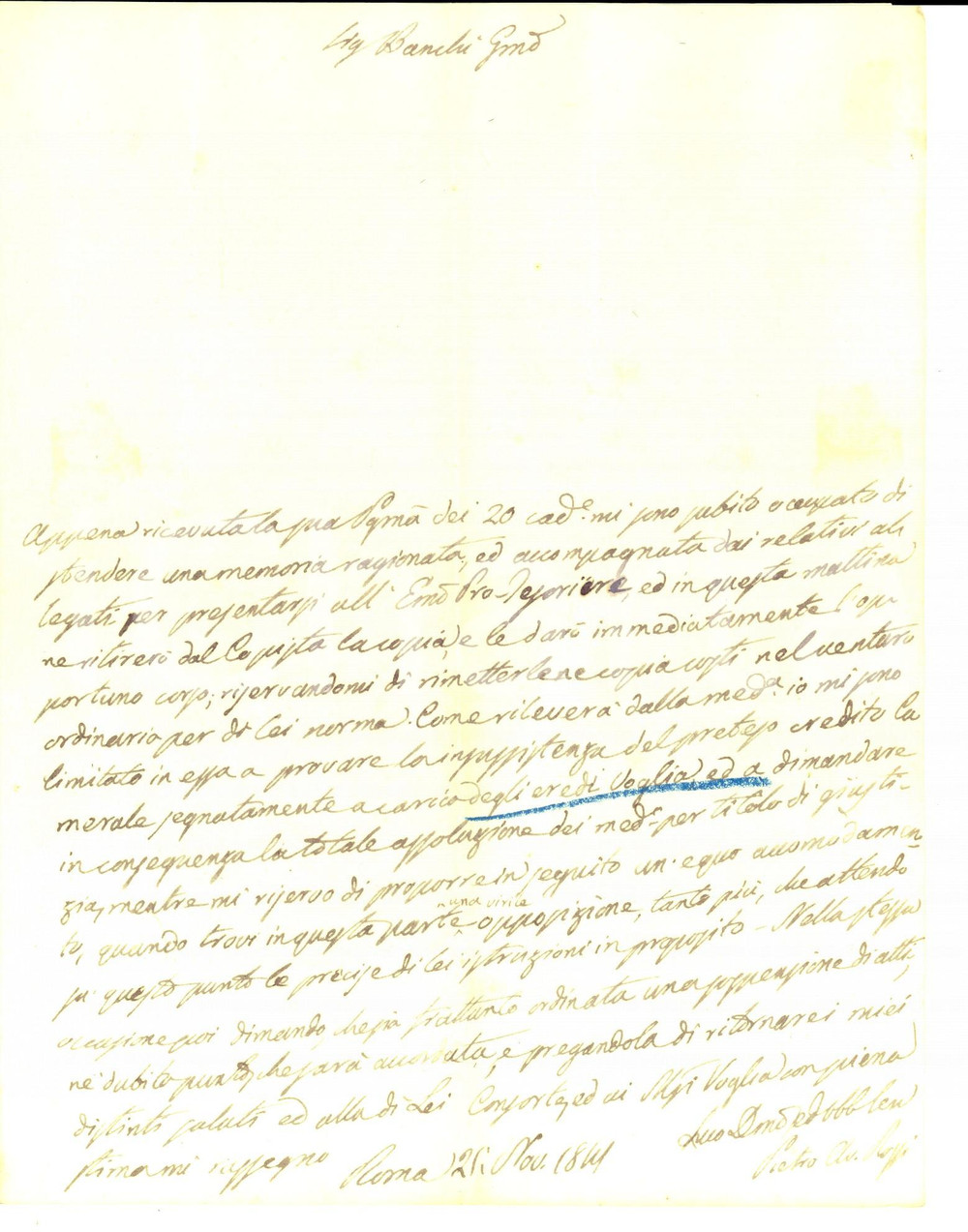 Manoscritto, lettera originale 1841 ROMA Avv. Pietro ROSSI spiega la propria strategia a un cliente Lettera 1