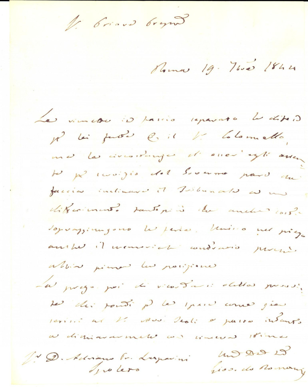 Manoscritto, lettera originale 1844 ROMA Giovanni DE ROMANI sullo slittamento di una causa Lettera 1