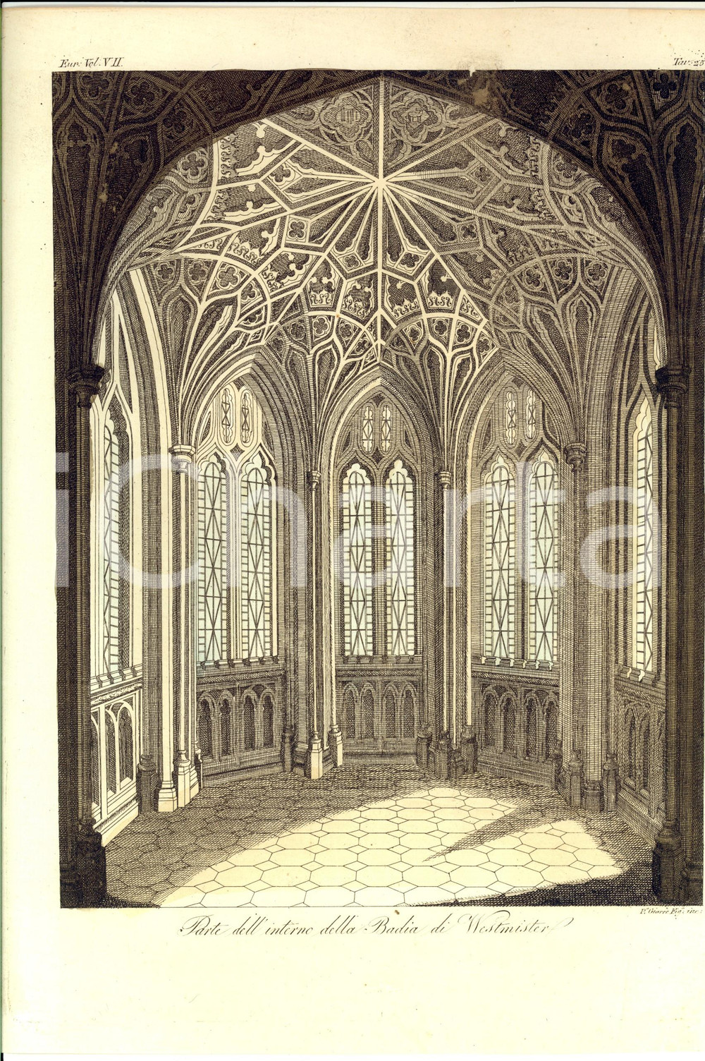 Stampa, bozzetto originale 1830 ca COSTUME EUROPEO Interno della Badia di Westminster Inc. GIARRE 1