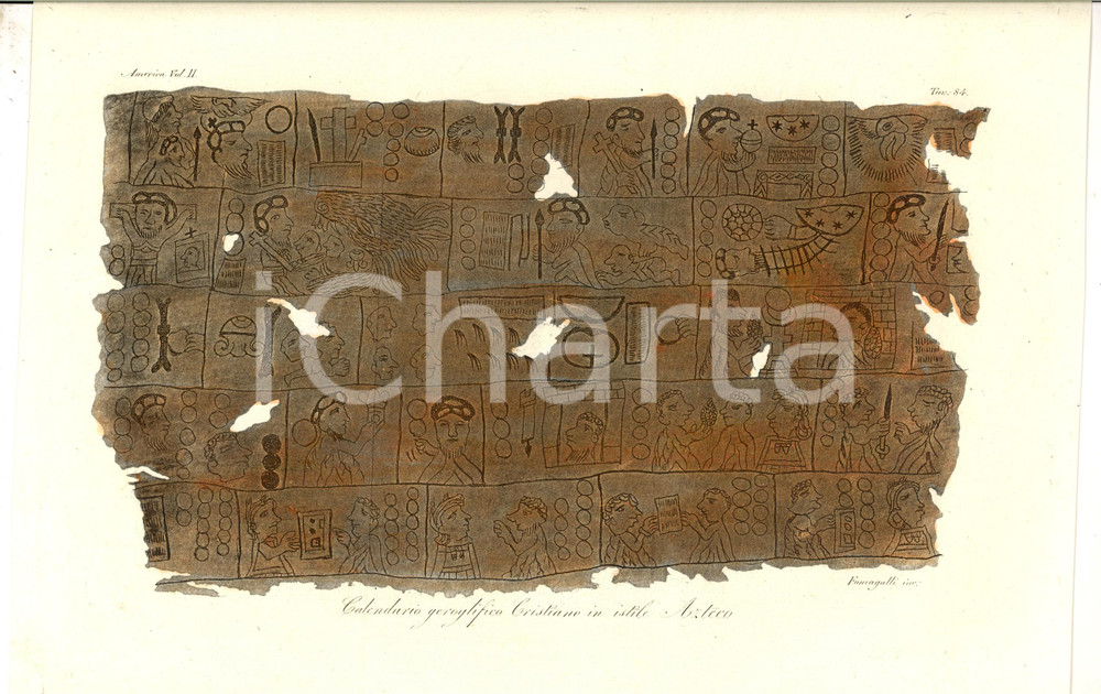 Stampa, bozzetto originale 1830 COSTUME AMERICA Calendario geroglifico cristiano in stile azteco FUMAGALLI 1