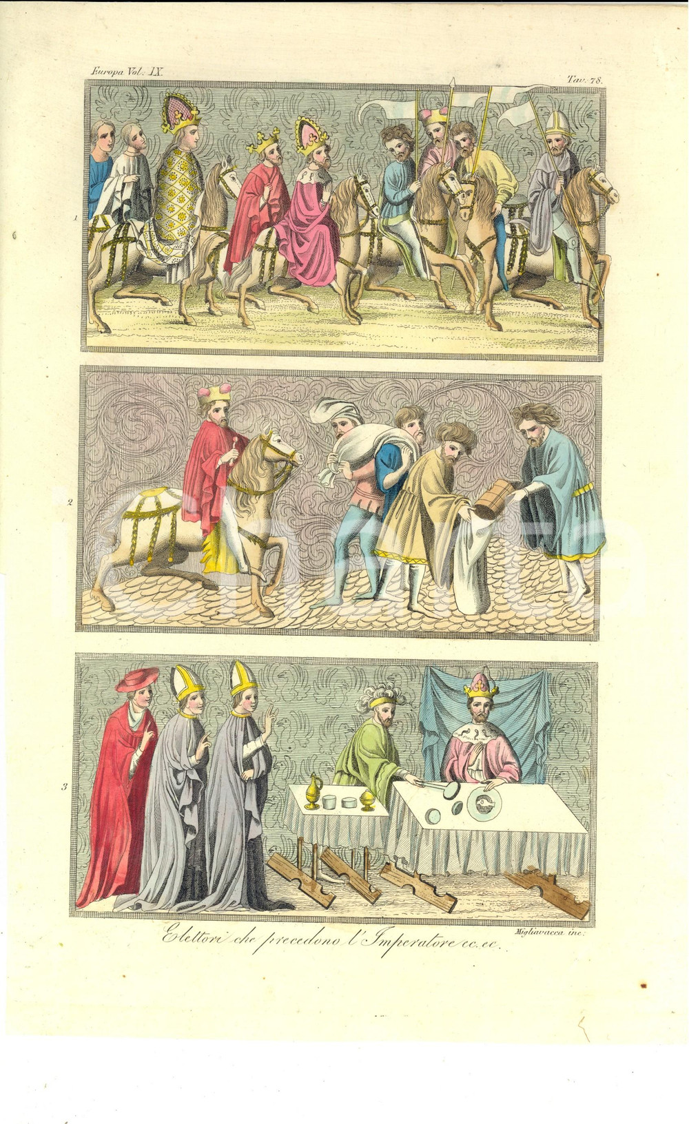 Stampa, bozzetto originale 1830 ca COSTUME EUROPEO Elettori che precedono l Imperatore Inc. MIGLIAVACCA 1