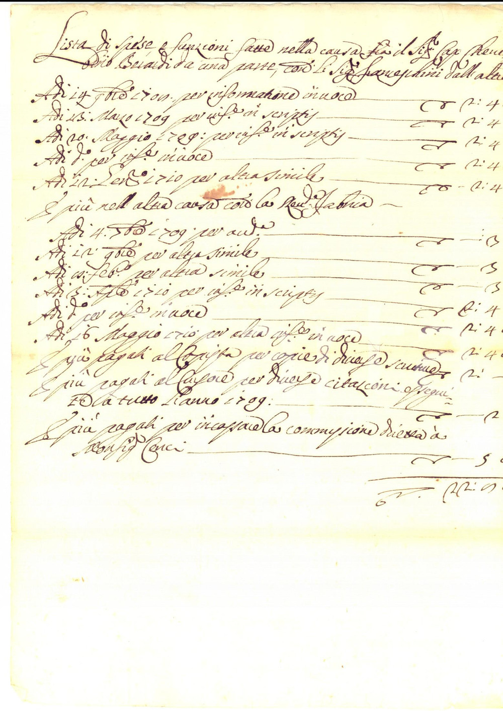 Documento originale, autentico 1710 PERUGIA ? Spese nella causa tra Cherubino BERARDI e FRANCESCHINI 1