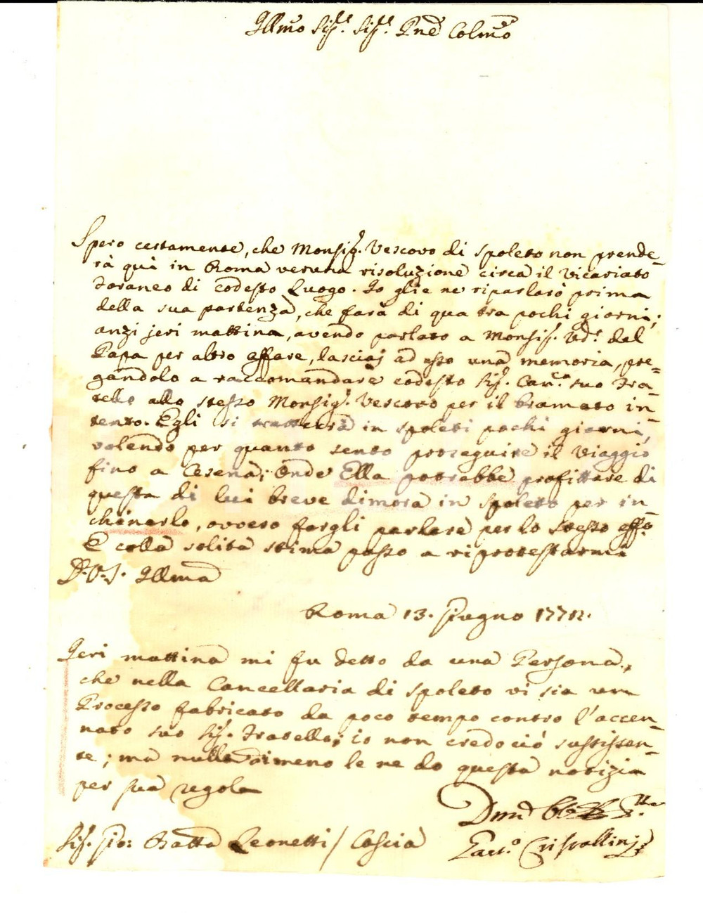 Manoscritto, lettera originale 1772 ROMA Gaetano CRISTALLINI raccomanda un canonico a un vescovo Lettera 1