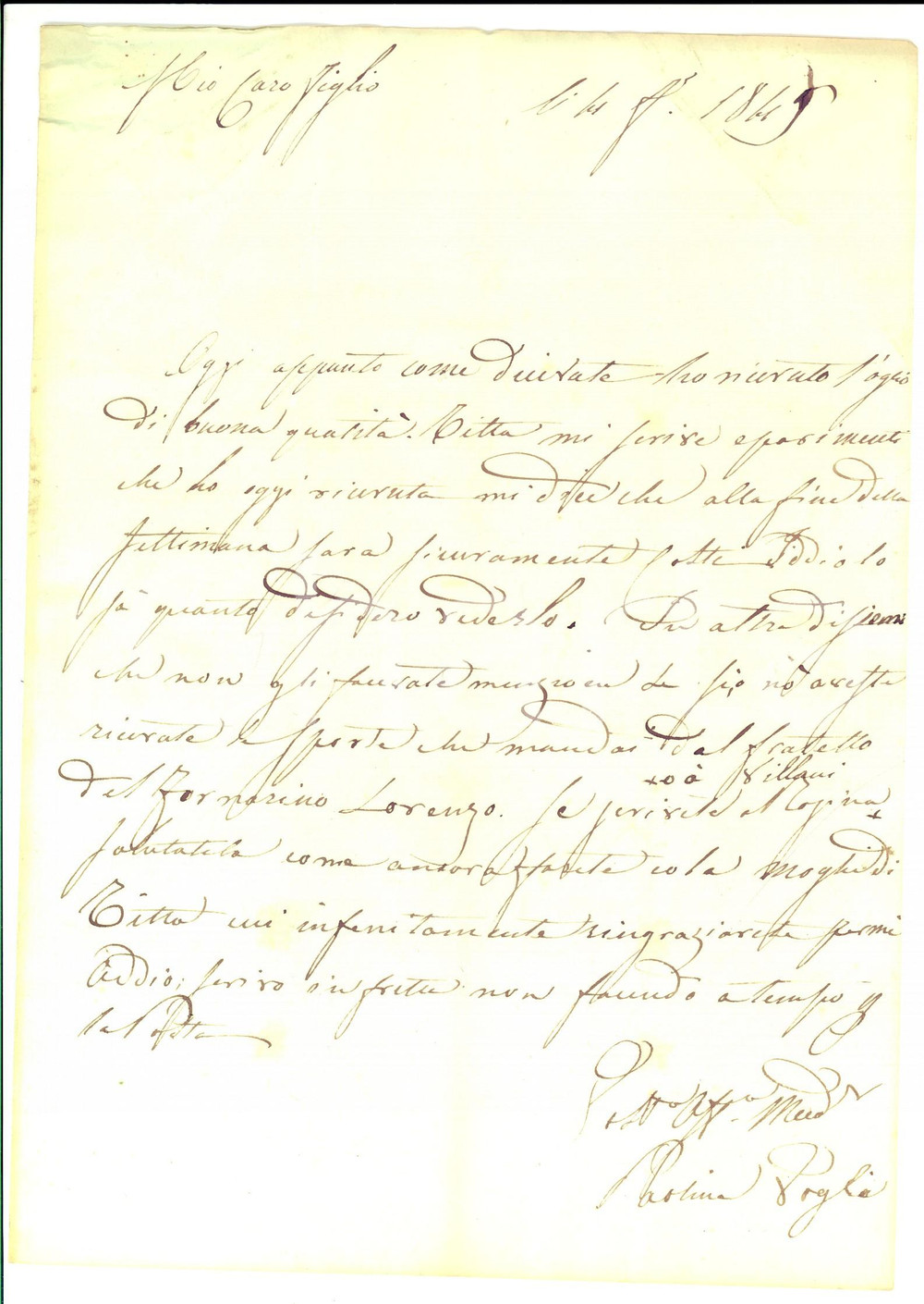 Manoscritto, lettera originale 1845 ROMA Paolina CAMBI VOGLIA ringrazia il figlio per l olio di buona qualità 1
