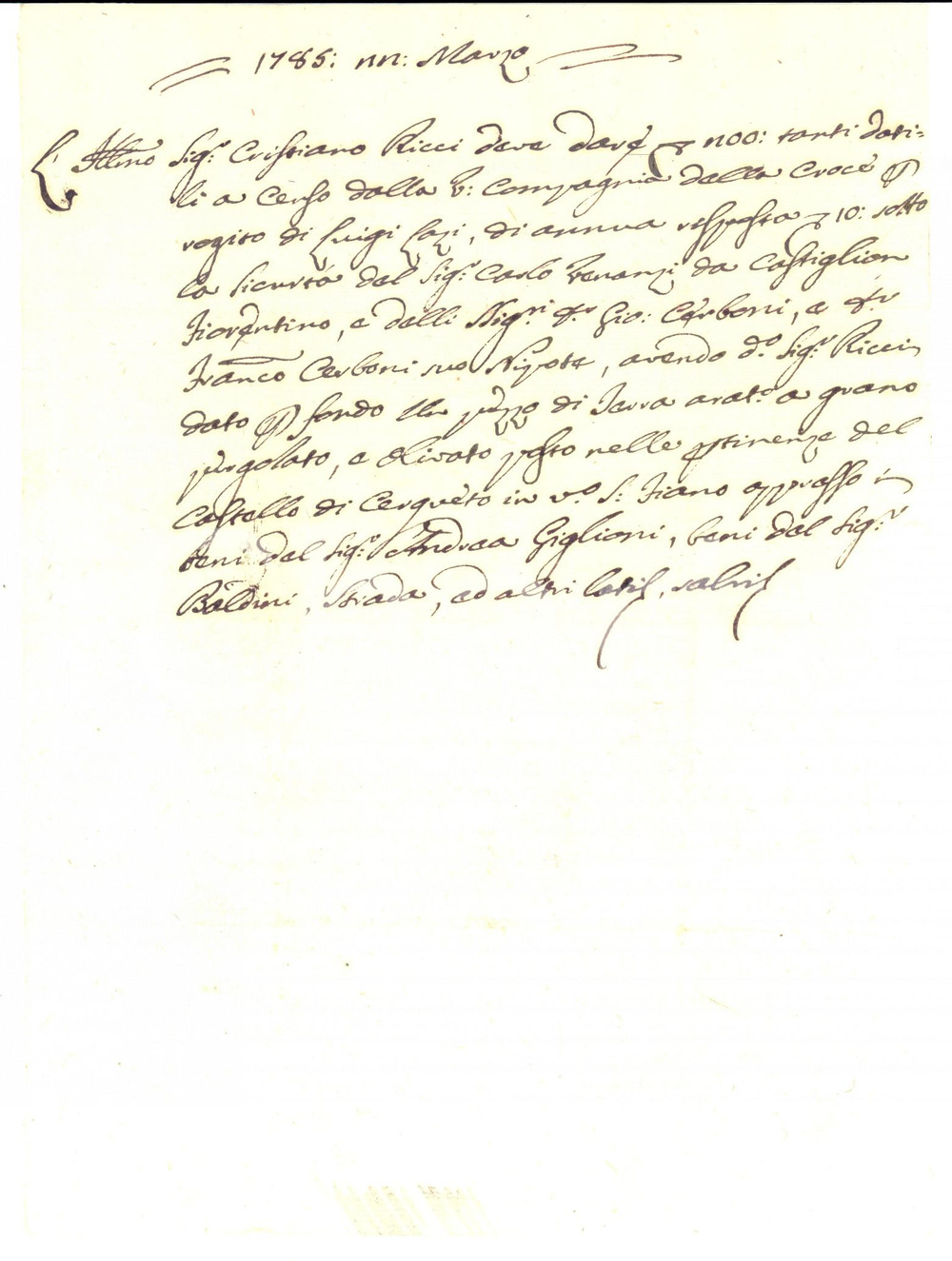 Documento originale, autentico 1785 CERQUETO PG Censo Cristiano RICCI su terra COMPAGNIA DELLA CROCE 1
