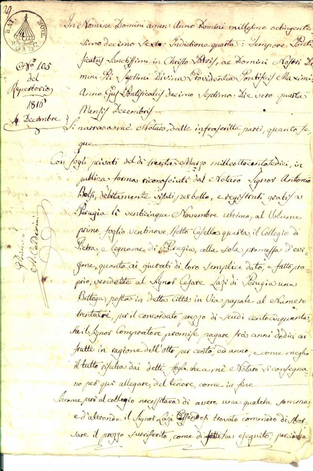 Documento originale, autentico 1816 PERUGIA Collegio di Pietra e Legname vende bottega a Cesare LAZI 1