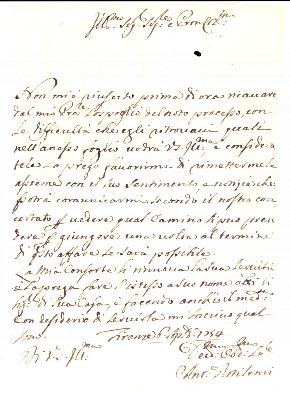 Manoscritto, lettera originale 1754 FIRENZE Avvocato Antonio ROTILENZI lavora per chiudere causa Lettera 1