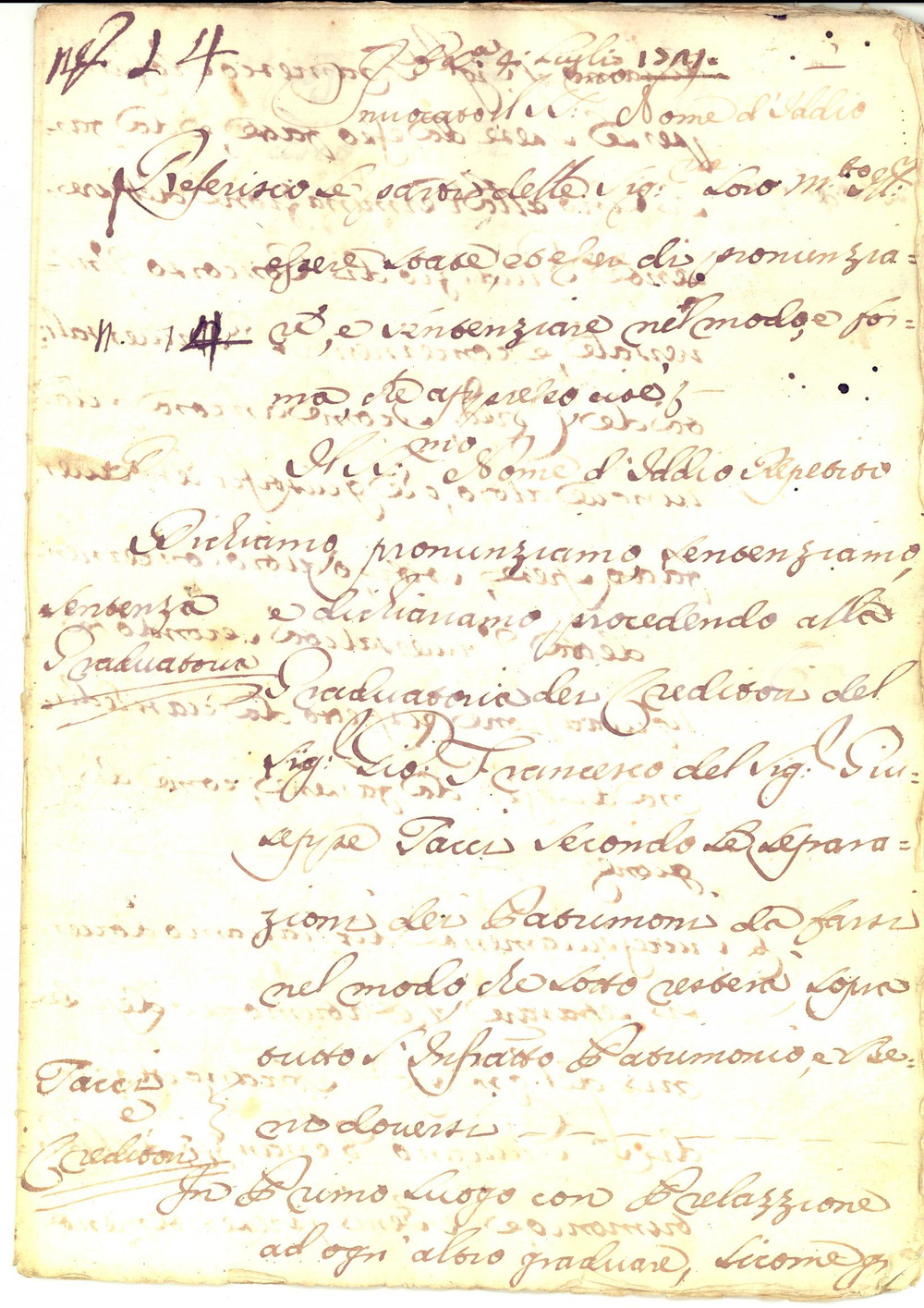 Documento originale, autentico 1721 CASTIGLION FIORENTINO Concorso dei creditori di Giovanni Francesco TACCI 1