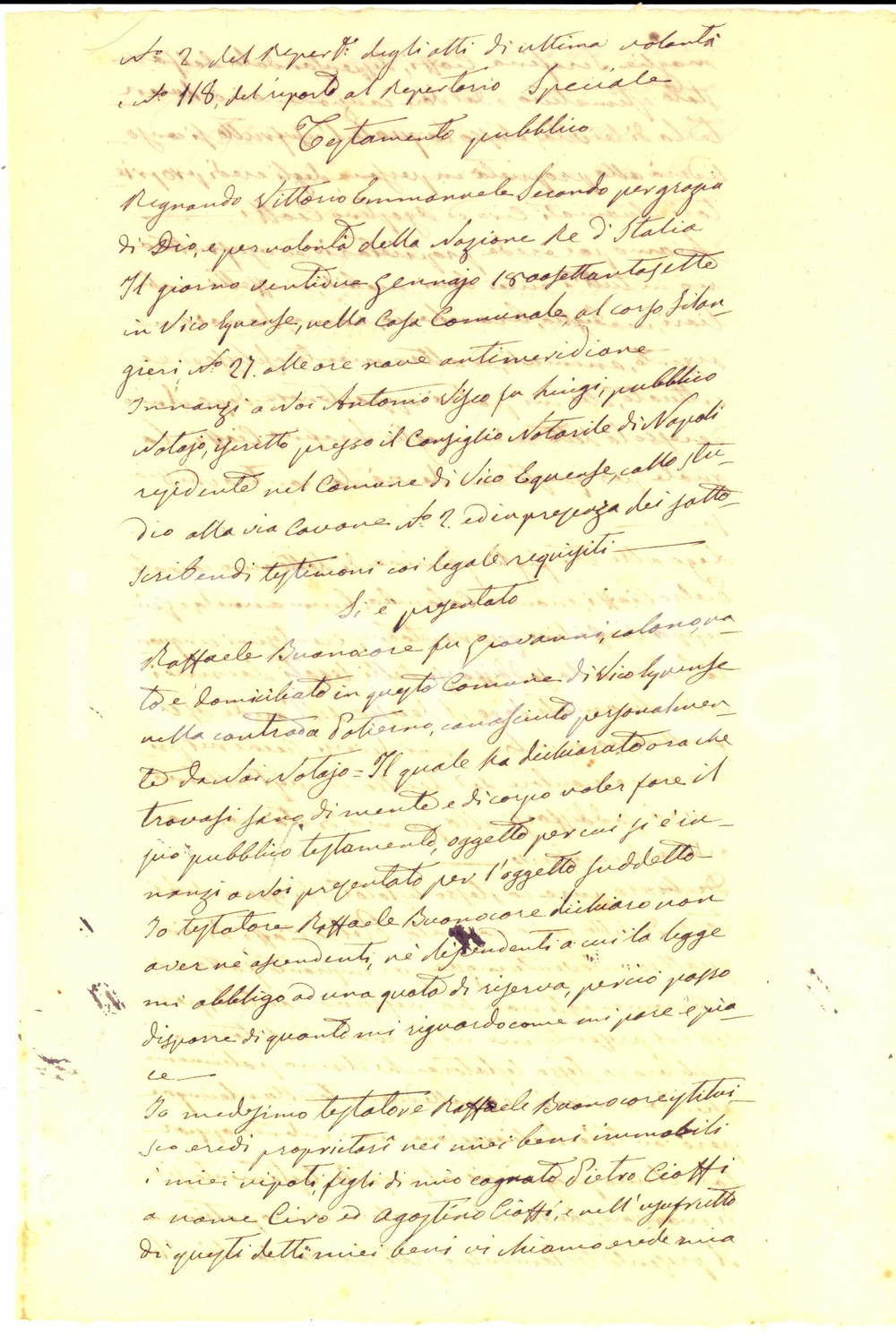 Documento originale, autentico 1878 VICO EQUENSE NA Testamento Raffaele BUONOCORE pro Ciro e Agostino CIOFFI 1
